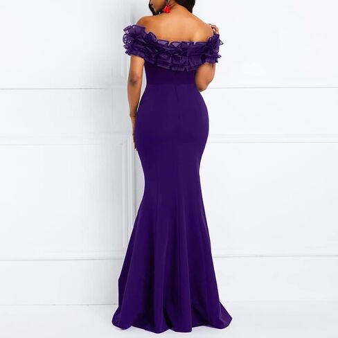 VERWIN Floor-Length Half Sleeve Print Off Shoulder Color Block Women's Maxi Dress Bodycon Dress in Kuwait