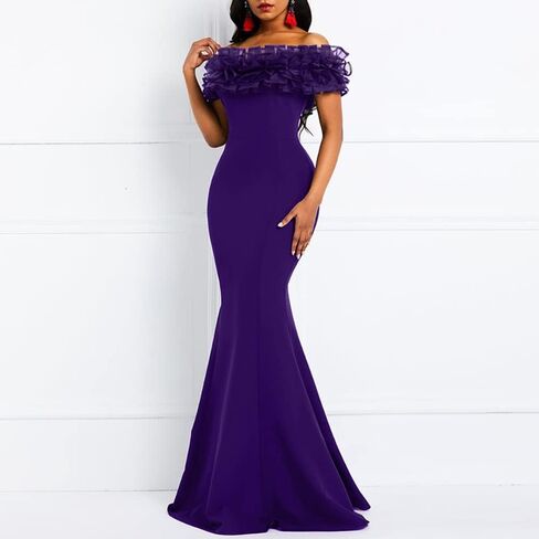 VERWIN Floor-Length Half Sleeve Print Off Shoulder Color Block Women's Maxi Dress Bodycon Dress in Kuwait