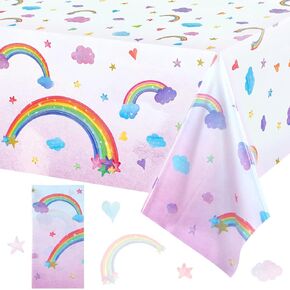Rainbow Tablecloths Disposable Plastic Rainbow Waterproof Table Cover Rectangular Rainbow Clouds Fiesta Carnival Table Covers for Birthday Party Supplies Decorations Supplies, 108 x 54 Inches (3 Pcs)