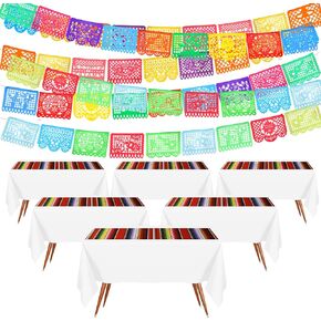 Mexican Plastic Tablecloth and Mexican Papel Picado Banner Fiesta Party Decorations Supplies table cover for Rectangle Tables Cinco De Mayo Carnival(Classic Black, 12 Pcs)