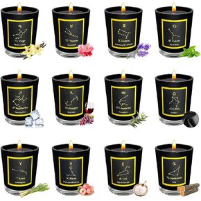 Scented Candles Gift Set, Black Glass Horoscope Jar Aromatherapy Candles Set of 12, Soy Wax Votive Candles for Party Dinner and Camping