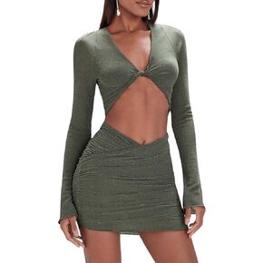 Floerns Women's 2 Piece Outfit Metallic Twist Front Crop Top and Bodycon Skirt Set