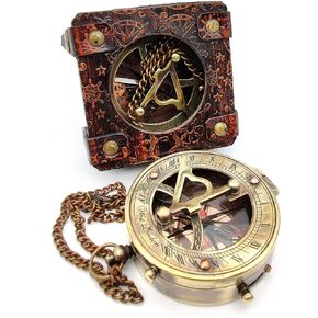 5MoonSun5's Antique Brass Sundial Compass Marine Boat Gift Pocket Sun Dial in Leather Display Box Nautical Marine Gift Sun Clock Pirate Ship Replica Watch Steampunk Accessory