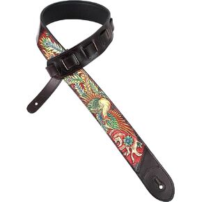 Walker And Williams KB-33 Carob Brown Premium 2" Wide Premium Grain Leather Guitar Strap With Hand Tooled Phoenix For Acoustic, Electric, And Bass Guitars