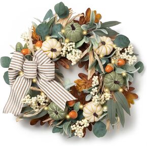 Valery Madelyn Fall Door Wreaths Decorations for Home, 20 inch Farmhouse Pumpkin Summer Wreath with Bow for Artificial Eucalyptus Wreaths for Front Door Outside Table Centerpiece Thanksgiving Decor
