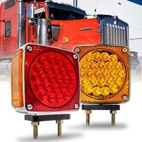 TRUE MODS 4" Round 48 LED Pedestal Fender Light Set for 80" Wide Semi-Truck [DOT FMVSS-108] [SAE I6P / S2(3)TI6][Single Stud] Amber/Red Fender Mount Light Kenworth International Peterbilt Freightliner
