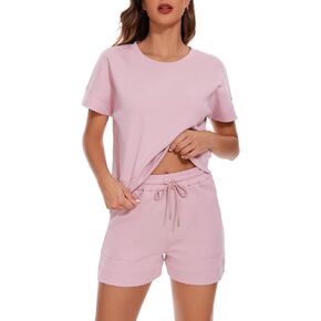 Women's 2 Piece Outfits Sweatsuit Summer Short Sleeve Crewneck Tops and Shorts with Pockets Lounge Sets Tracksuit