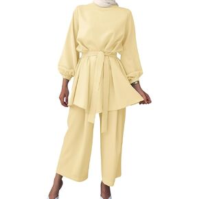 IWEMEK Abayas for Women Muslim Long Sleeve Loose Top Pants 2 Pcs Eid Ramadan Outfits Casual Islamic Muslim Clothes with Belt in Saudi Arabia