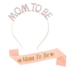 Mom to Be Headband and Sash, Rose Gold Baby Shower Decorations Mommy to Be Sash and Rhinestone Crown Set for Mommy Boy Girls