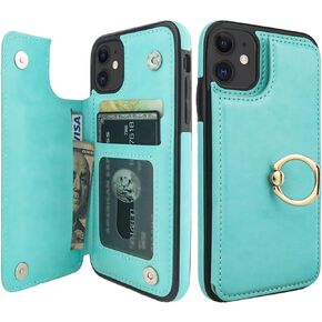 for iPhone 11 Wallet Case with Card Holder, 360° Rotation Ring Kickstand RFID Blocking PU Leather Double Magnetic Clasp Shockproof Cover for Women and Girls 6.1 Inch (Black)