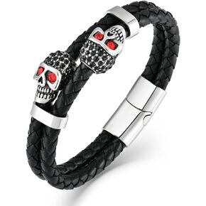 Mens Leather Skull Bracelet, Double Row Braided Two Skull Skeleton Bracelet Cuff Bangle Gift for Mens Gothic Punk Rock Jewelry, 8.3 inch