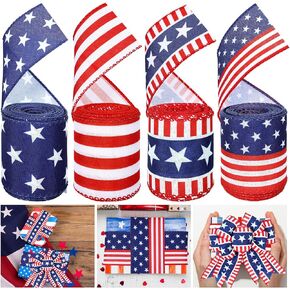 Whaline 4 Roll July 4th Wired Edge Ribbon Patriotic Wired Ribbon USA Flag Stars Stripes Ribbon for Independence Day Memorial Day Gift Wrap Wreath Bow Craft Party Decor, 24 Yards, 2.5 Inch