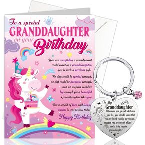 HOWAF Granddaughter Gifts from Grandma Grandpa, To My Granddaughter Birthday Greeting Cards and Granddaughter’s Birthday Keychain with Gift Bag, Granddaughter Gift Cards Key Chain