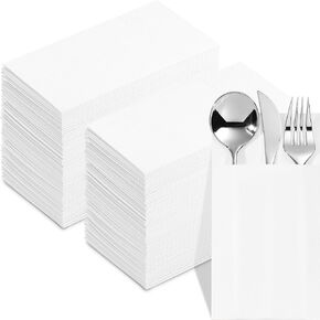Disposable Napkins With Pocket For Flatware, 100-Pack White Napkins Paper For Wedding, Dinner Or Party, Built-In Pocket For Silverware, Prefolded