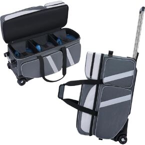 3 Ball Bowling Bag with Wheels, Bowling Roller Bag for 3 Balls & Accessories, Rolling Bowling Ball Bag with Multi-pocket & Separate Compartment for bowling Shoes up to Size 16 in Kuwait