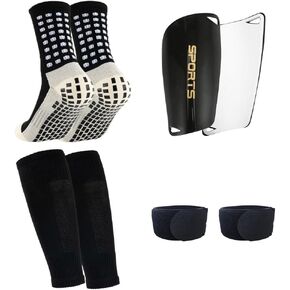1 Pair Mens Grip Soccer Socks, 1 Pair Shin Sleeves with 1 Pack Shin Guards and 2 Shin Straps, Soccer Football Game Set 5 Pcs