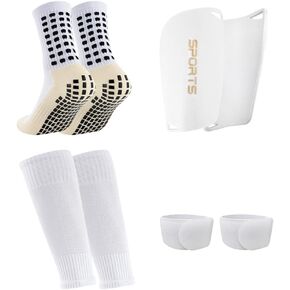 1 Pair Mens Grip Soccer Socks, 1 Pair Shin Sleeves with 1 Pack Shin Guards and 2 Shin Straps, Soccer Football Game Set 5 Pcs