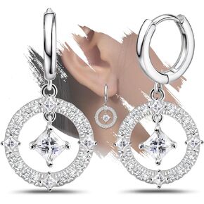 Sterling Silver Hoop Earrings with Dangle Charm for Women CZ Dangle Hoop Earrings Round Circle Huggie Earrings Hypoallergenic Dainty Drop Jewelry with Cubic Zirconia Dangling Birthday Gifts for Girls