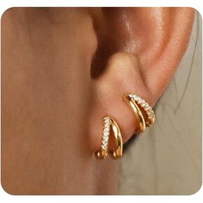 Chunky Gold Hoop Earrings for Women Girls Teen Lightweight Twisted Cartilage Huggie Hoops Earrings Piercing Double Hoop Pearl CZ Earrings Dainty Jewelry Gifts