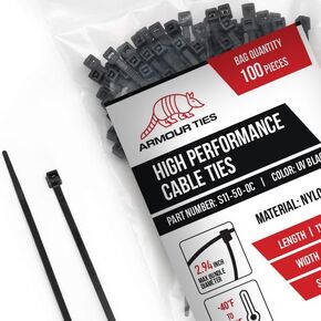 7.5-inch Black Zip Ties Heavy Duty UV Resistant Nylon Cable Ties, 50lb Tensile Strength, 100-Pack - Durable Wire Ties, Heavy Duty Tie Straps Indoor and Outdoor Cable Management Solution by ARMOUR TIES