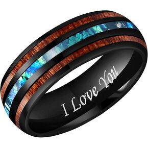 4mm 8mm Rare Koa Wood/Abalone Shell/Genuine Crushed Fire Opal Inlay Tungsten Carbide Ring Men Women Wedding Band High Polished Engraved I Love You Size 7 To 17