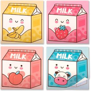 BelugaDesign Kawaii Sticky Notes | Milk Carton Anime Stationary 4 Pack 100 Page Post It | Pink Yellow Orange Blue Pastel Notepads | Strawberry Banana Peach Cow School Office Supplies