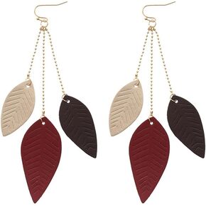 Cowhide Leaf Earrings Handmade Leather Leaves Earrings Natural Long Tassel Earrings Triple Pendant Dangle for Girls Elegant Leaf Drop Jewelry for Women