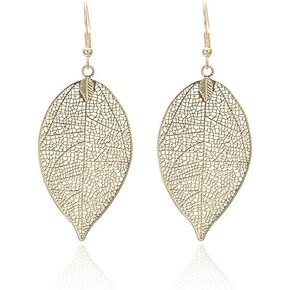 Cutout Leaf Earrings for Women Girls Plated Hollow Out Filigree Leaves Lightweight Dangle Drop Statement Earrings Bohemian Vintage Minimalist Hypoallergenic Jewelry Gift