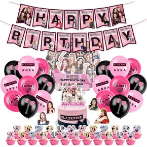 Kpop BTS Birthday Party Kit Supplies For Bangtan Boys includes Banner - 1 Cake Topper - 24 Cupcake Toppers - 16 Balloons - 40 Stickers