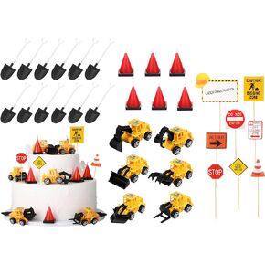 Sratte 40 Pcs Construction Cake Toppers Vehicles Cake Decoration Set Includes 6 Construction Truck Cake Toppers, 6 Cone Shaped Molded Candles, 12 Plastic Shovel Shape Spoons, 16 Road Sign for Birthday
