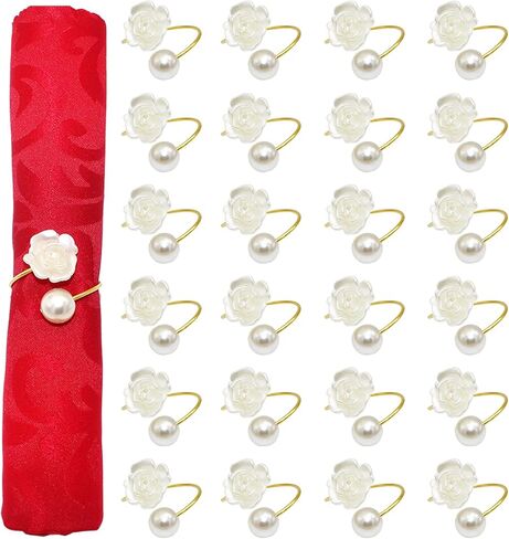 Flower Pearl Napkin Rings Set of 24 Wedding Napkin Holder for Valentine's Day Christmas Thanksgiving Dinning Table Decoration(White) in Saudi Arabia