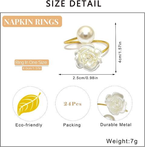 Flower Pearl Napkin Rings Set of 24 Wedding Napkin Holder for Valentine's Day Christmas Thanksgiving Dinning Table Decoration(White) in Saudi Arabia
