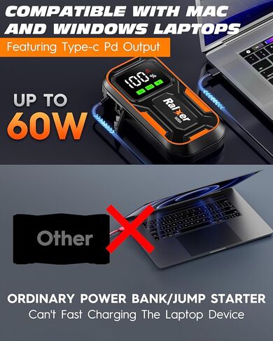 1600A Peak 15200mAh Portable Jump Starter، حزمة بطارية Jump Starter (ما يصل إلى 7.5 لتر غاز أو 6.0 لتر محرك ديزل)، بطارية 12 فولت مع نوع C-C PD60W (الإدخال/الإخراج) وشاشة LED in Kuwait