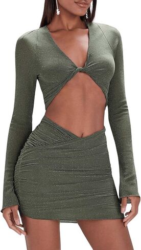 Floerns Women's 2 Piece Outfit Metallic Twist Front Crop Top and Bodycon Skirt Set in Saudi Arabia