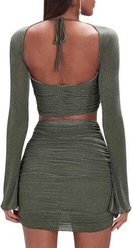 Floerns Women's 2 Piece Outfit Metallic Twist Front Crop Top and Bodycon Skirt Set in Saudi Arabia