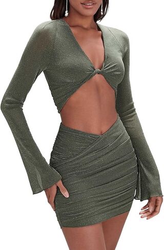 Floerns Women's 2 Piece Outfit Metallic Twist Front Crop Top and Bodycon Skirt Set in Saudi Arabia