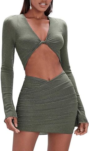 Floerns Women's 2 Piece Outfit Metallic Twist Front Crop Top and Bodycon Skirt Set in Saudi Arabia