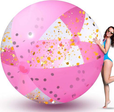 72 Inch Giant Pink Inflatable Beach Ball 6 ft Large Glitter Beach Ball UV Resistant Jumbo Swimming Pool Ball Clear Confetti Ball with a Repair Tape Floatable Ball for Swimming Beach Pool Party Decor in Saudi Arabia
