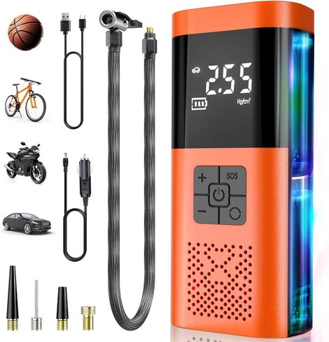 Eazy2HD Portable Tire Air Pump Auto Air Compressor with Pressure Gauge LED Light, 150 PSI Electric Wireless Tire Inflator for Car Motorcycle Bike Ball(orange) in Saudi Arabia