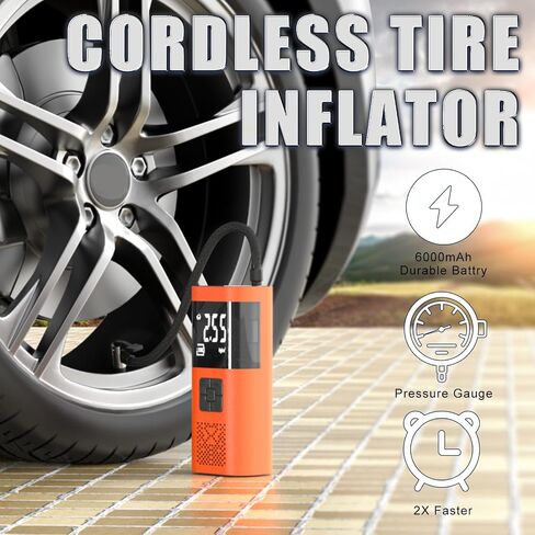 Eazy2HD Portable Tire Air Pump Auto Air Compressor with Pressure Gauge LED Light, 150 PSI Electric Wireless Tire Inflator for Car Motorcycle Bike Ball(orange) in Saudi Arabia