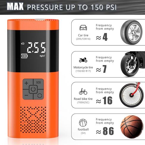 Eazy2HD Portable Tire Air Pump Auto Air Compressor with Pressure Gauge LED Light, 150 PSI Electric Wireless Tire Inflator for Car Motorcycle Bike Ball(orange) in Saudi Arabia