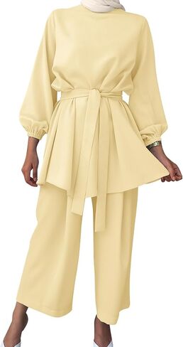 IWEMEK Abayas for Women Muslim Long Sleeve Loose Top Pants 2 Pcs Eid Ramadan Outfits Casual Islamic Muslim Clothes with Belt in Saudi Arabia