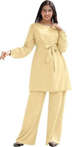 IWEMEK Abayas for Women Muslim Long Sleeve Loose Top Pants 2 Pcs Eid Ramadan Outfits Casual Islamic Muslim Clothes with Belt in Saudi Arabia