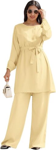 IWEMEK Abayas for Women Muslim Long Sleeve Loose Top Pants 2 Pcs Eid Ramadan Outfits Casual Islamic Muslim Clothes with Belt in Saudi Arabia