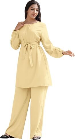 IWEMEK Abayas for Women Muslim Long Sleeve Loose Top Pants 2 Pcs Eid Ramadan Outfits Casual Islamic Muslim Clothes with Belt in Saudi Arabia