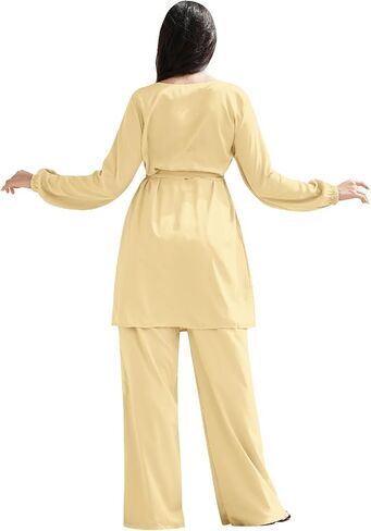 IWEMEK Abayas for Women Muslim Long Sleeve Loose Top Pants 2 Pcs Eid Ramadan Outfits Casual Islamic Muslim Clothes with Belt in Saudi Arabia