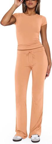 REORIA Women's 2 Piece Lounge Sets Short Sleeve Crop T-shirt Straight Leg Pants Set Comfy Casual Outfits Tracksuits in Saudi Arabia