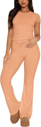 REORIA Women's 2 Piece Lounge Sets Short Sleeve Crop T-shirt Straight Leg Pants Set Comfy Casual Outfits Tracksuits in Saudi Arabia