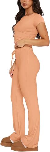 REORIA Women's 2 Piece Lounge Sets Short Sleeve Crop T-shirt Straight Leg Pants Set Comfy Casual Outfits Tracksuits in Saudi Arabia