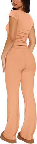 REORIA Women's 2 Piece Lounge Sets Short Sleeve Crop T-shirt Straight Leg Pants Set Comfy Casual Outfits Tracksuits in Saudi Arabia